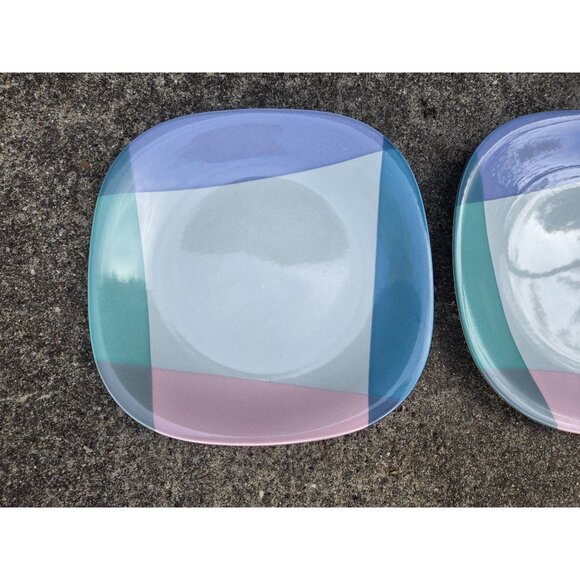 2 Mikasa Tempo Eighty Video Square Ceramic Dinner Plates Pastel Geometric Design - Picture 2 of 3